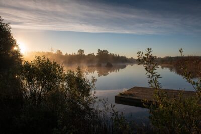 Soluppgång med morgondimma